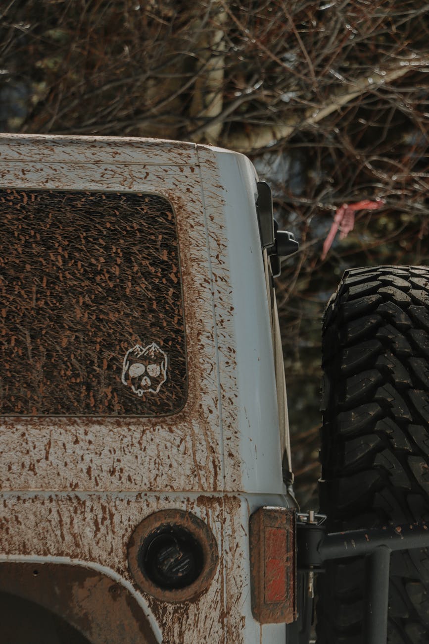 Close-up of a muddy off-road vehicle with a spare tire, captured in a forest environment.